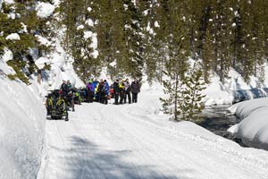 Snowmobilers in groups