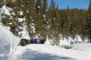 Snowmobilers in groups