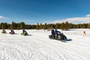 Snowmobilers riding on the trail