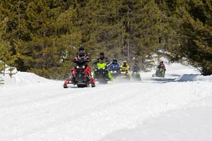 Snowmobilers riding on the trail