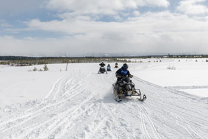 Snowmobilers riding on the trail