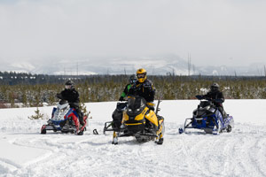 Snowmobilers riding on the trail