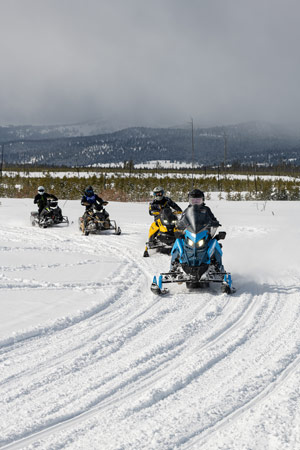 Snowmobilers riding on the trail