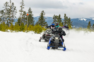 Snowmobilers riding on the trail