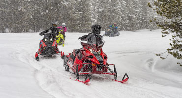 Snowmobilers riding sleds along snow-covered trail